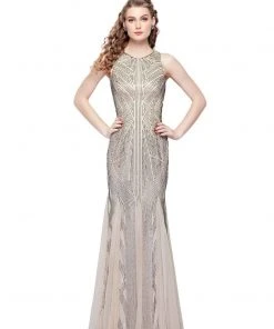 Primavera Couture Beaded Geo Patterned Sleeveless Sheath Gown 1271 - 1 Pc. Champagne In Size 4 Available