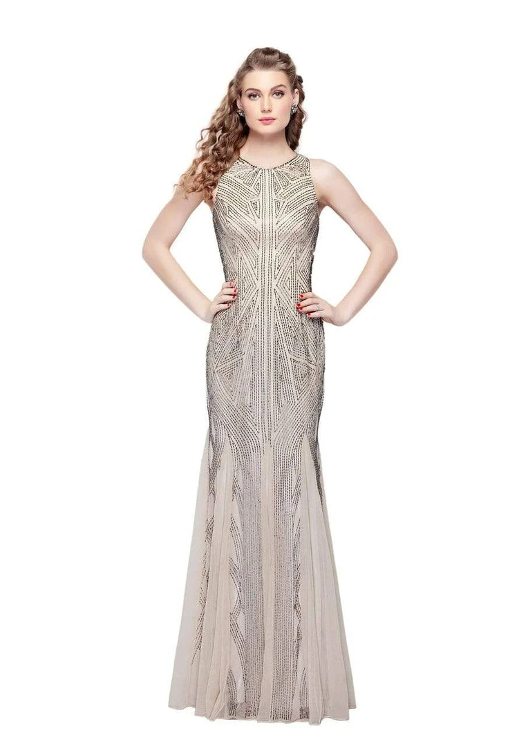 Primavera Couture Beaded Geo Patterned Sleeveless Sheath Gown 1271 - 1 Pc. Champagne In Size 4 Available 3 Primavera Couture Beaded Geo Patterned Sleeveless Sheath Gown 1271 - 1 Pc. Champagne In Size 4 Available