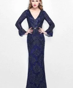 Primavera Couture - Beaded Long Sleeve V-neck Sheath Gown 1724 8 Primavera Couture - Beaded Long Sleeve V-neck Sheath Gown 1724