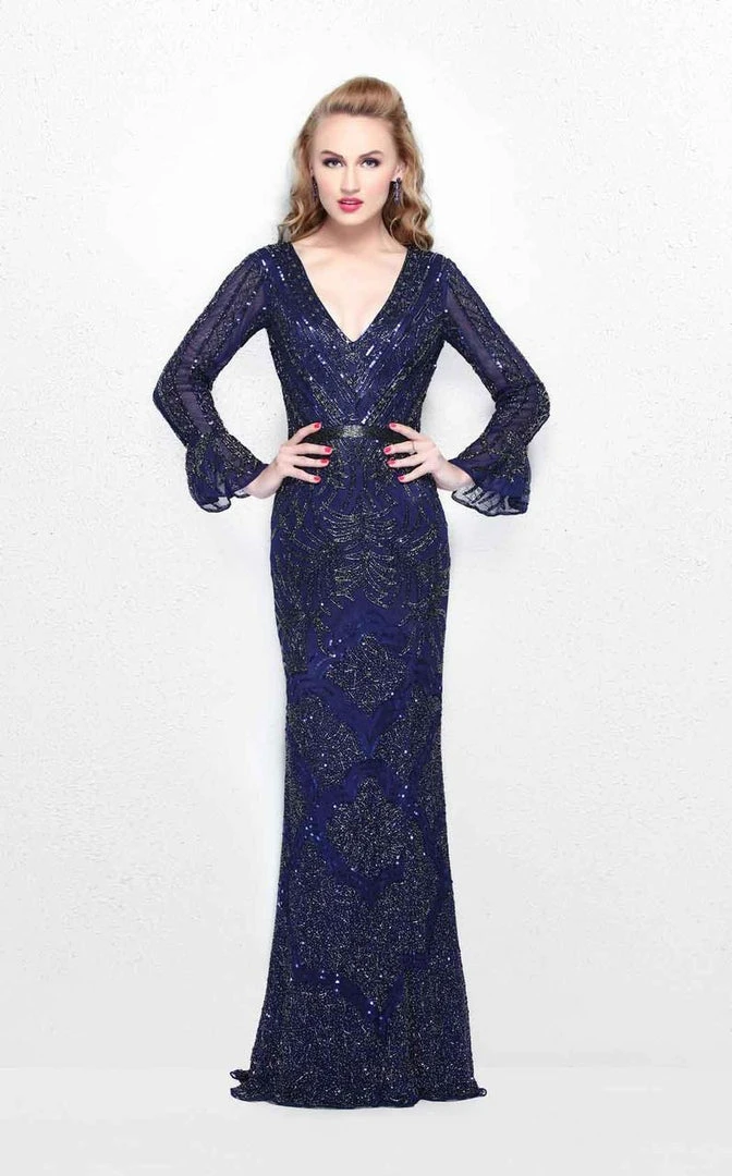 Primavera Couture - Beaded Long Sleeve V-neck Sheath Gown 1724 5 Primavera Couture - Beaded Long Sleeve V-neck Sheath Gown 1724