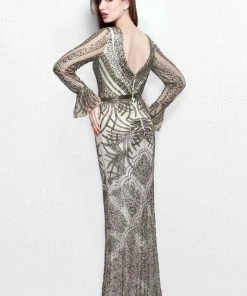 Primavera Couture - Beaded Long Sleeve V-neck Sheath Gown 1724 7 Primavera Couture - Beaded Long Sleeve V-neck Sheath Gown 1724