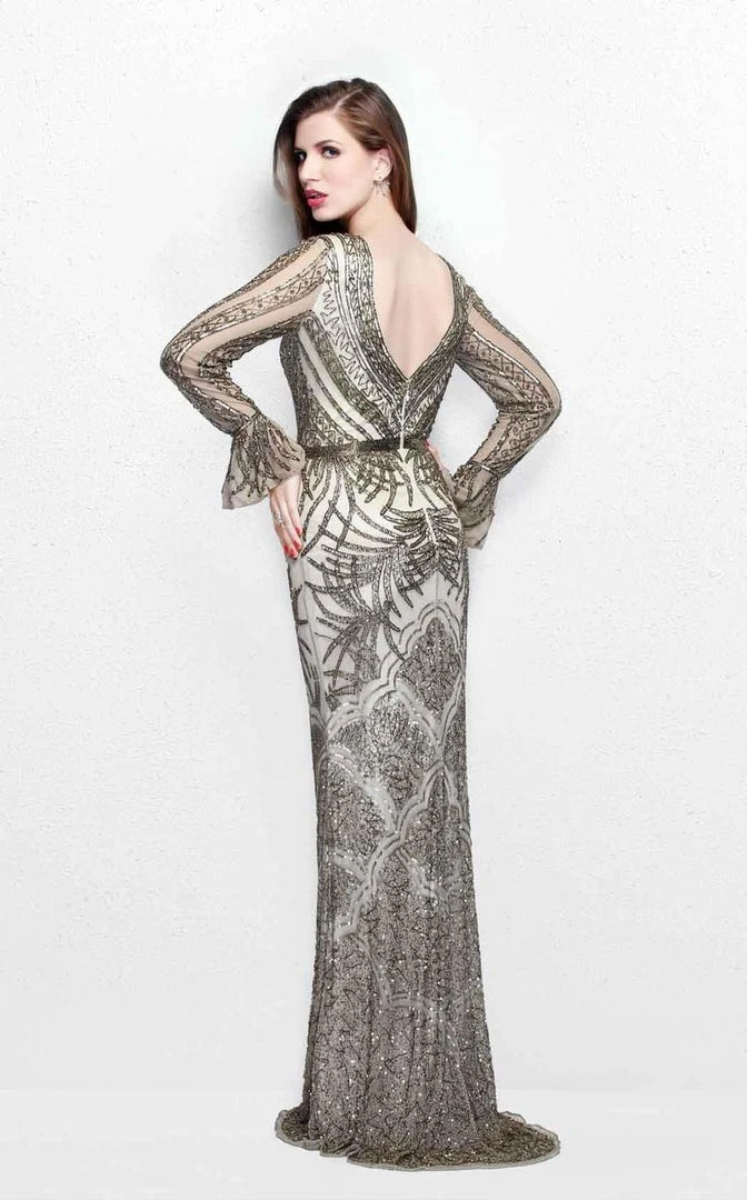 Primavera Couture - Beaded Long Sleeve V-neck Sheath Gown 1724 4 Primavera Couture - Beaded Long Sleeve V-neck Sheath Gown 1724