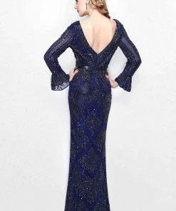 Primavera Couture - Beaded Long Sleeve V-neck Sheath Gown 1724 9 Primavera Couture - Beaded Long Sleeve V-neck Sheath Gown 1724