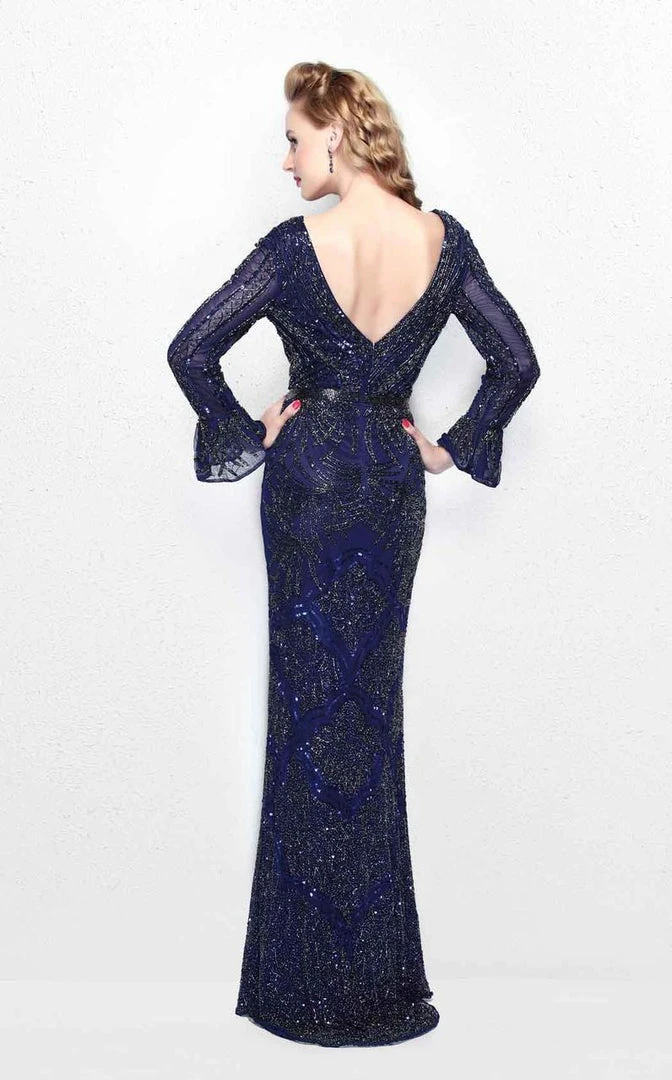 Primavera Couture - Beaded Long Sleeve V-neck Sheath Gown 1724 6 Primavera Couture - Beaded Long Sleeve V-neck Sheath Gown 1724