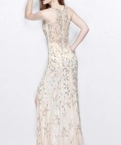 Formal Gowns Primavera Couture - Beaded V-Neck Long Dress With Slit 1865