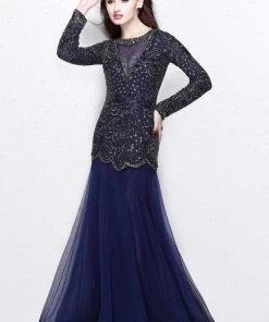 Primavera Couture - Bejeweled Long Sleeve Bateau Neck A-line Dress 1751 Formal Gowns