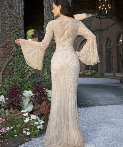Primavera Couture - Embellished Long Bell Sleeve Bateau Dress 3284 - 1 Pc Beige In Size 2 Available 6 Primavera Couture - Embellished Long Bell Sleeve Bateau Dress 3284 - 1 Pc Beige In Size 2 Available