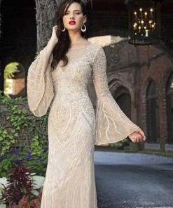 Primavera Couture - Embellished Long Bell Sleeve Bateau Dress 3284 - 1 Pc Beige In Size 2 Available 7 Primavera Couture - Embellished Long Bell Sleeve Bateau Dress 3284 - 1 Pc Beige In Size 2 Available