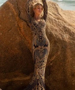 Formal Gowns Primavera Couture - Embellished Long Sleeve V Neck Sheath Dress 3690 - 1 Pc Midnight Gold In Size 4 Available