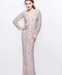 Primavera Couture - Foliage Beadwork V-Neck Sheath Gown 1728