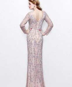 Primavera Couture - Foliage Beadwork V-Neck Sheath Gown 1728