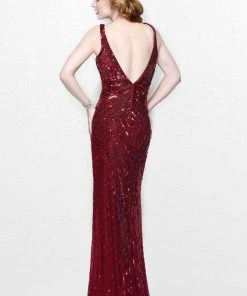 Formal Gowns Primavera Couture - Geometric Adorned Plunging V-Neck Sheath Gown 1579