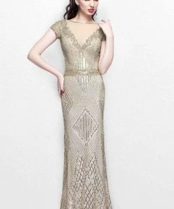 Formal Gowns Primavera Couture Illusion Bateau Short Sleeve Beaded Gown - 1 Pc Champagne In Size 22 Available