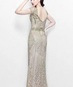 Formal Gowns Primavera Couture Illusion Bateau Short Sleeve Beaded Gown - 1 Pc Champagne In Size 22 Available