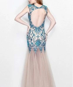 Primavera Couture - Intricately Ornate Cap Sleeve Bateau Tulle Trumpet Gown 1703