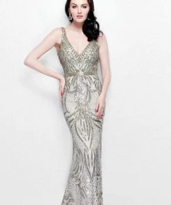 Primavera Couture - Jewel Embellished V-Neck Sheath Dress 1727