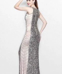 Primavera Couture - Long Sequined Dress With Slit And Sheer Panels 1876