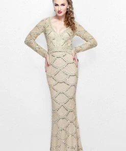 Primavera Couture - Long Sleeve Embellished Long Gown With Beaded Scallop Pattern 1738