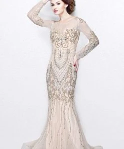 Primavera Couture - Long Sleeved Sheer Embellished Evening Gown 1701 Formal Gowns