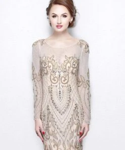 Primavera Couture - Long Sleeved Sheer Embellished Evening Gown 1701 Formal Gowns