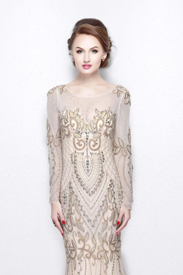 Primavera Couture - Long Sleeved Sheer Embellished Evening Gown 1701 Formal Gowns 4 Primavera Couture - Long Sleeved Sheer Embellished Evening Gown 1701 Formal Gowns