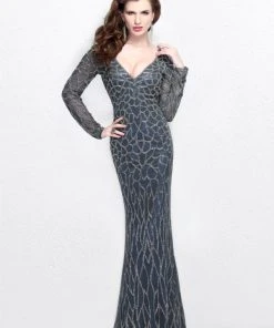 Formal Gowns Primavera Couture - Long Sleeves V-Neck Sequined Gown 1746 8 Formal Gowns Primavera Couture - Long Sleeves V-Neck Sequined Gown 1746