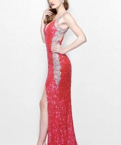 Primavera Couture - Luminous Two-Tone Sequined V-Neck Sheath Gown 1819