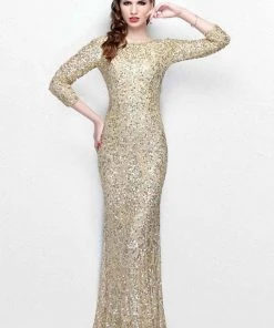 Primavera Couture - Regal Sequined Long Sleeves Bateau Sheath Gown 1747