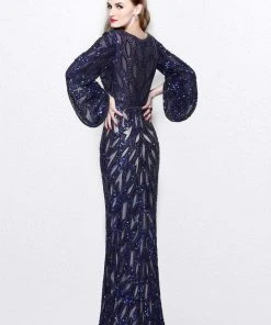 Primavera Couture - Sequined Bell Sleeves Contrast Illusion Sheath Gown 1717 9 Primavera Couture - Sequined Bell Sleeves Contrast Illusion Sheath Gown 1717