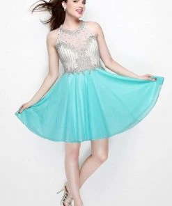 Primavera Couture - Sequined Halter Neck Short A-line Dress 1625 Cocktail Dresses
