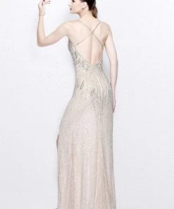 Formal Gowns Primavera Couture - Sequined V-Neck Sheath Gown With Crisscrossed Straps 1818