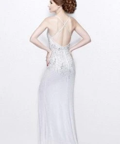 Formal Gowns Primavera Couture - Sequined V-Neck Sheath Gown With Crisscrossed Straps 1818