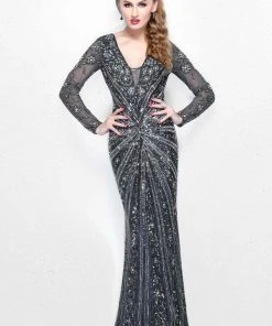 Primavera Couture - Spectacular Plunging V-Neck Long Sleeve Sheath Gown 1755