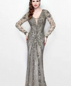 Primavera Couture - Spectacular Plunging V-Neck Long Sleeve Sheath Gown 1755 8 Primavera Couture - Spectacular Plunging V-Neck Long Sleeve Sheath Gown 1755