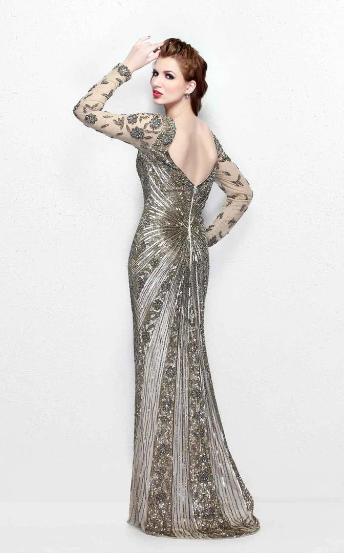 Primavera Couture - Spectacular Plunging V-Neck Long Sleeve Sheath Gown 1755 6 Primavera Couture - Spectacular Plunging V-Neck Long Sleeve Sheath Gown 1755