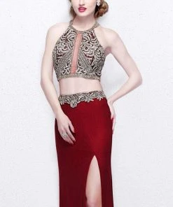 Primavera Couture - Two Piece Halter Long Dress With Slit 1863