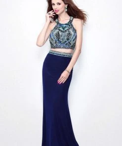 Primavera Couture - Two-Piece Sequined Halter Neck Jersey Sheath Gown 1594