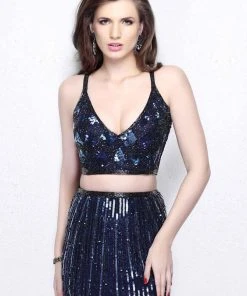 Formal Gowns Primavera Couture - Two Piece V-Neck Metallic Long Dress 1892