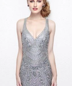 Primavera Couture - V-Neck Sequined Mermaid Gown 1806 Formal Gowns