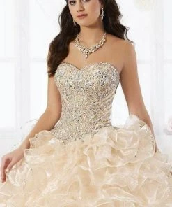 Formal Gowns Quinceanera Collection - Strapless Beaded Ruffle Ballgown 26845 - 1 Pc Champagne In Size 6 Available