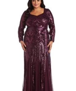 Formal Gowns R&M Richards - Long Sleeve Glitter Evening Gown 5623W - 1 Pc Burgundy In Size 22W Available