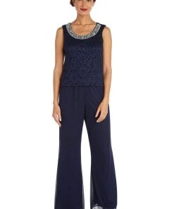 Formal Gowns R&M Richards - Pearl-Embellished Scoop Formal Pantsuit 5008 - 1 Pc Champagne In Size 12 Available