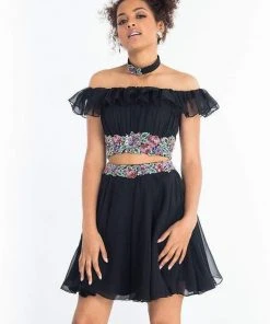 Rachel Allan - 4639 Two Piece Beaded Chiffon Off-Shoulder A-line Dress