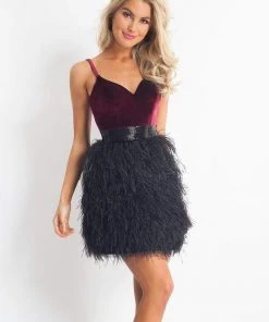 Rachel Allan - 4682 Velvet Sweetheart Feathered A-line Dress Cocktail Dresses