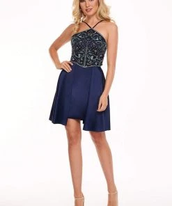 Cocktail Dresses Rachel Allan - 4693 Beaded Halter Stretch Satin A-line Dress