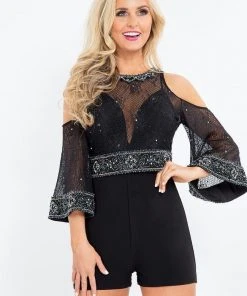Cocktail Dresses Rachel Allan - 4694 Deep V-neck Romper With Removable Lace Top