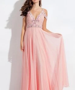 Formal Gowns Rachel Allan - 6054 Bedazzled Deep V-neck A-line Dress