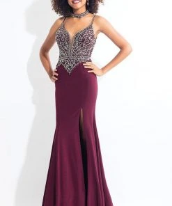 Formal Gowns Rachel Allan - 6080 Beaded Plunging Gown With Slit