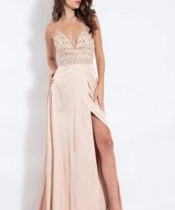 Rachel Allan - 6088 Floral Deep V-neck A-line Dress