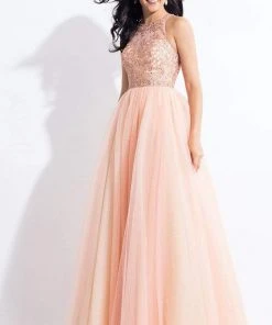 Rachel Allan - 6103 Beaded Illusion Halter Tulle A-line Dress